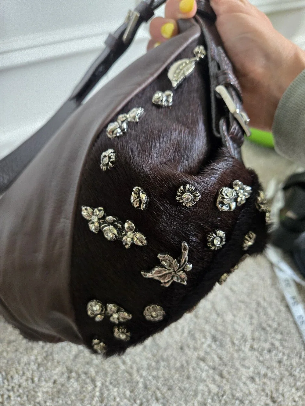 Berge Brown Leather Calfhair Hobo Shoulder Bag Charms Rhinestone Made in Italy
